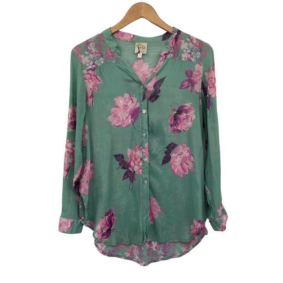 Anthropologie Tops - Anthropologie Fig and Flower green, pink floral blouse